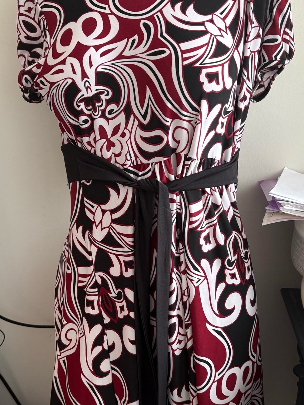 Women's Burgundy and Black Floral Wrap Dress with Belt